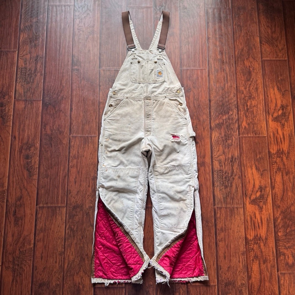 Thrashed VTG Carhartt Overalls Distressed Insulated Double Knee Tan 36x30" Clean
